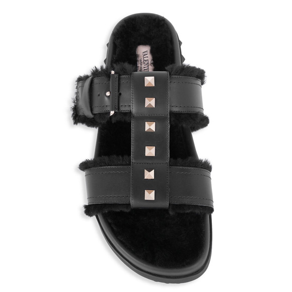 Valentino Rockstud Black Shearling Fur Caged Mule Slip On Slides Sandal Flat 36 - Picture 6 of 12